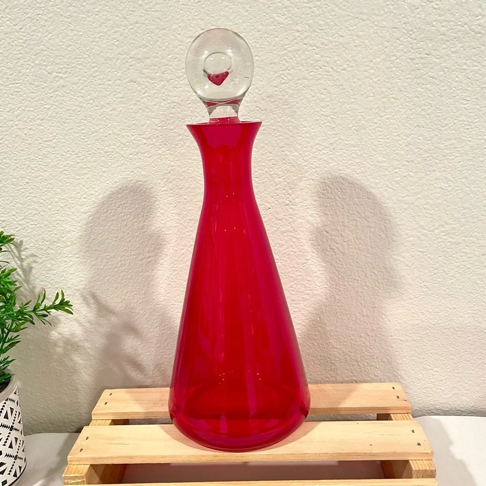Vintage Ruby Red Glass Decanter w Clear Ball Stopper | Striking Color! | EUC